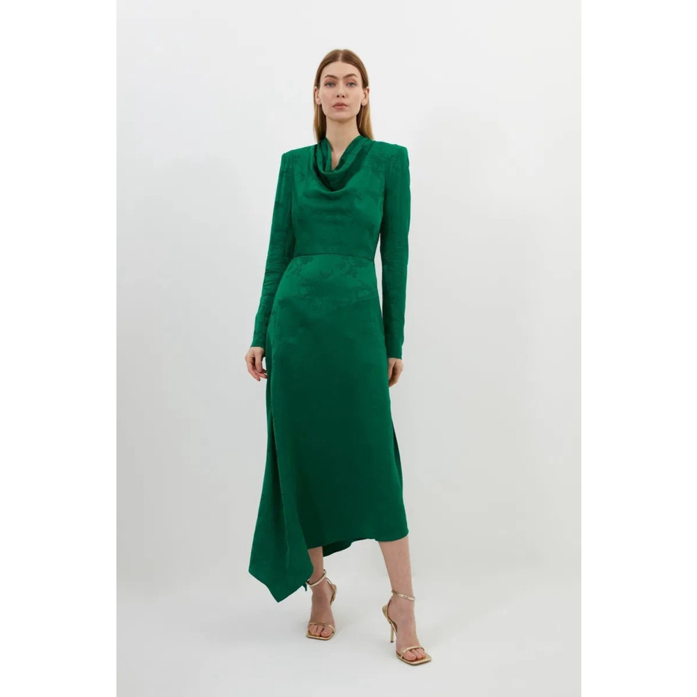 Karen Millen Cady Maxi Dress Cowl Neck Cutwork Size US 6P Asymmetric Kelly Green